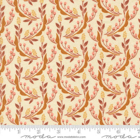 a repeating pattern of leaves and flowers in shades of orange and brown on a cream-colored background.