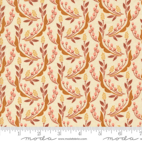 a repeating pattern of leaves and flowers in shades of orange and brown on a cream-colored background.