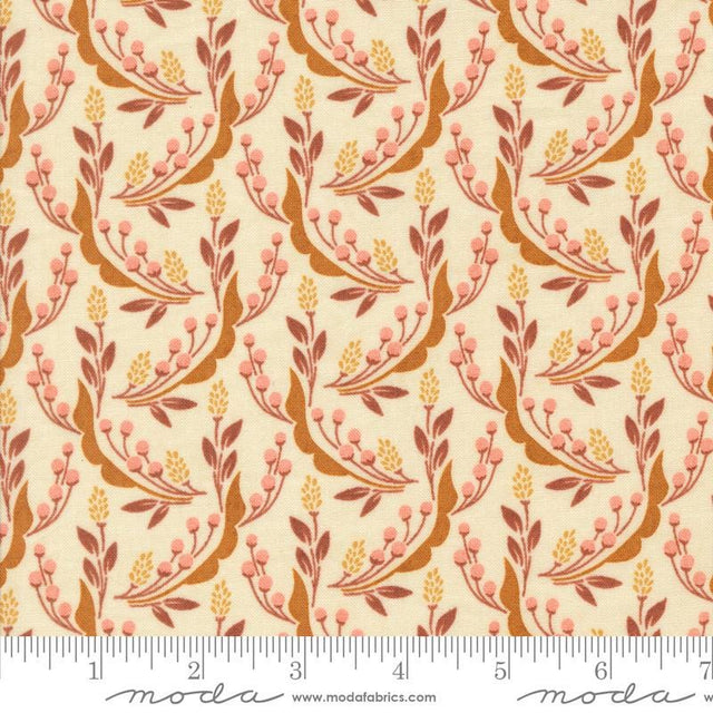 a repeating pattern of leaves and flowers in shades of orange and brown on a cream-colored background.