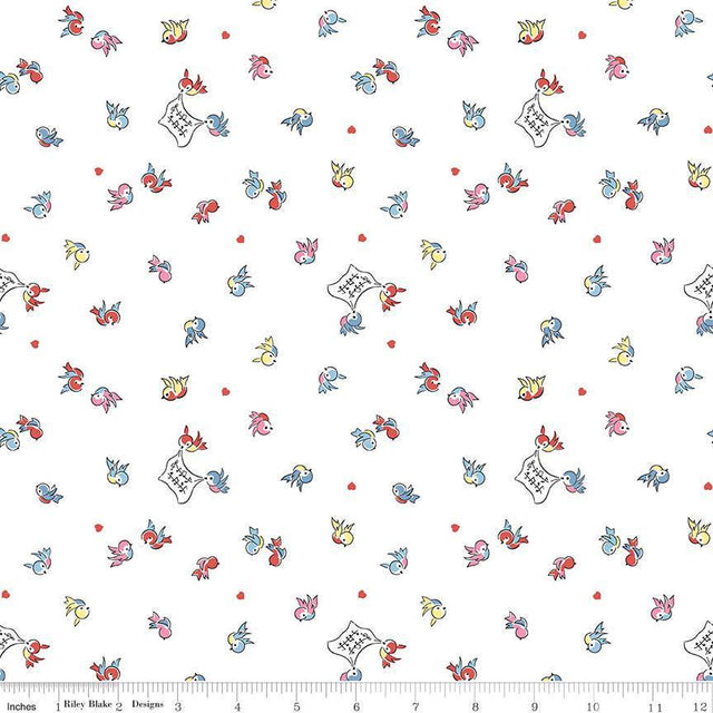 Love Notes Songbirds White Yardage C16382-White by Lindsay Wilkes for Riley Blake Designs 1/2 yard increments cut continuously
