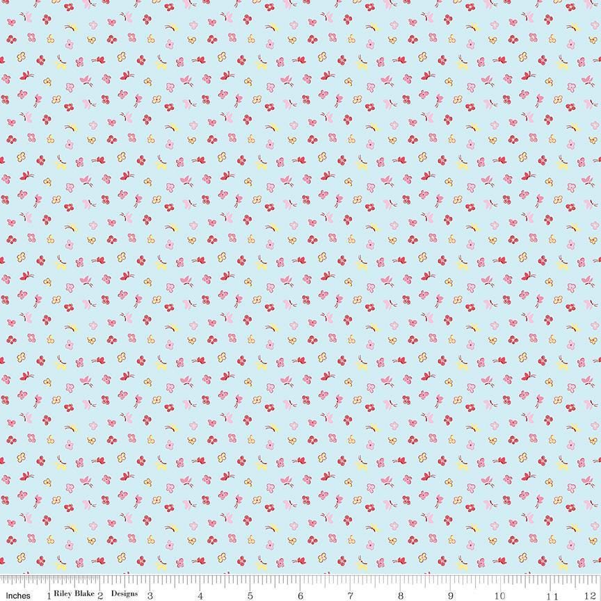 Love Notes Butterfly Floral Soft Sky Yardage C16383-Sky by Lindsay Wilkes for Riley Blake Designs 1/2 yard increments cut continuously
