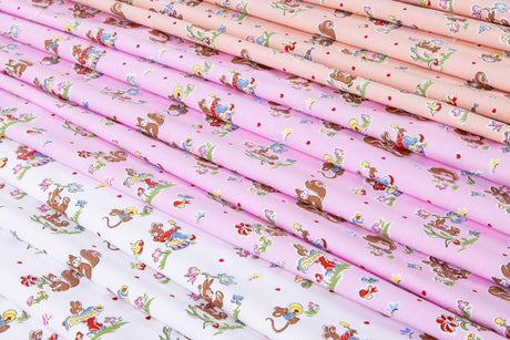 a collection of fabric swatches with various patterns and designs, including animals, flowers, and other decorative elements.