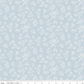a repeating pattern of white flowers and leaves on a light blue background.