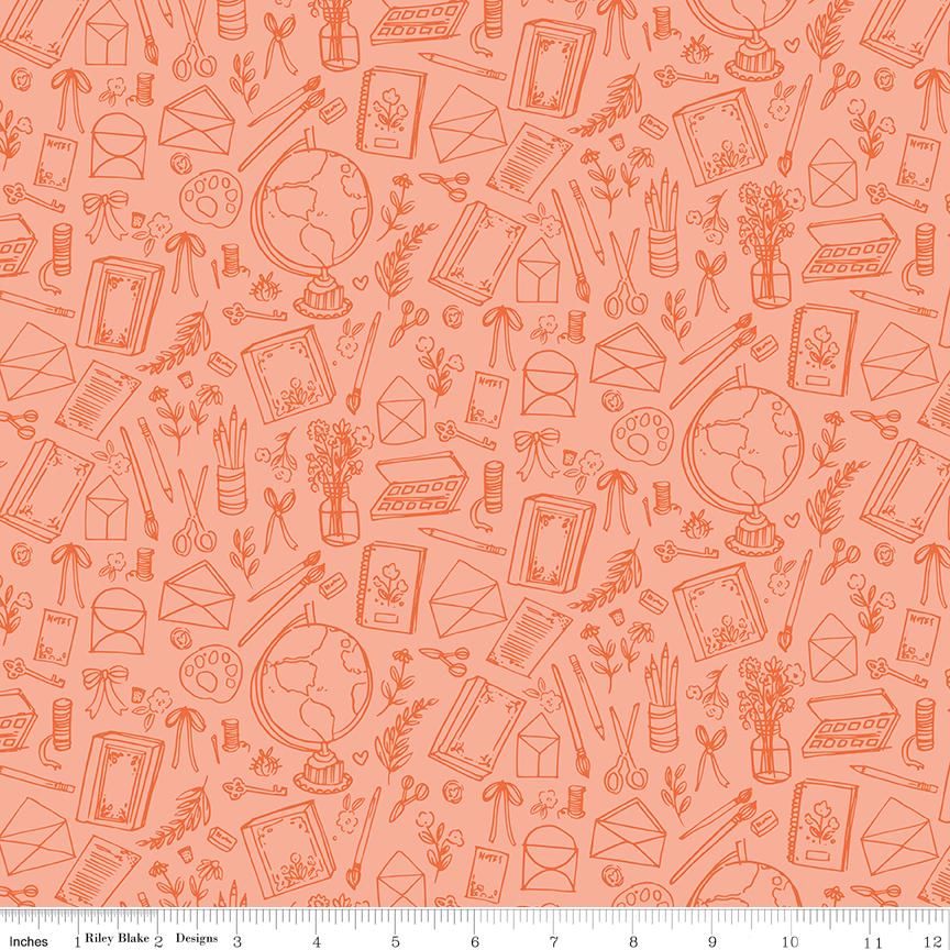 a repeating pattern of various school supplies and office items, such as pencils, scissors, books, globes, and vases, all drawn in a simple, hand-drawn style.