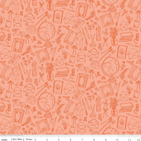 a repeating pattern of various school supplies and office items, such as pencils, scissors, books, globes, and vases, all drawn in a simple, hand-drawn style.