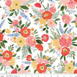 The image is a vibrant and colorful floral pattern featuring various types of flowers and leaves in shades of pink, yellow, and orange against a white background.