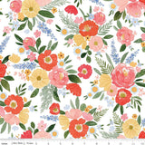 The image is a vibrant and colorful floral pattern featuring various types of flowers and leaves in shades of pink, yellow, and orange against a white background.