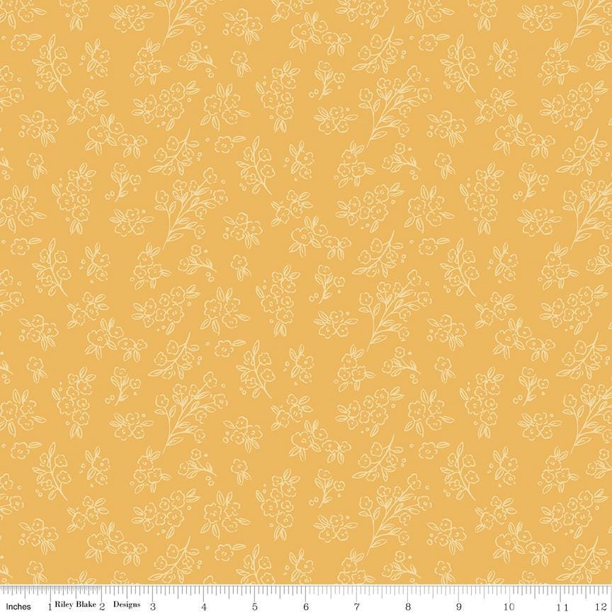The image is a repeating pattern of small white flowers and leaves on a yellow background.