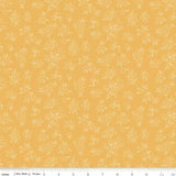 The image is a repeating pattern of small white flowers and leaves on a yellow background.