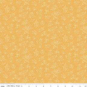 The image is a repeating pattern of small white flowers and leaves on a yellow background.