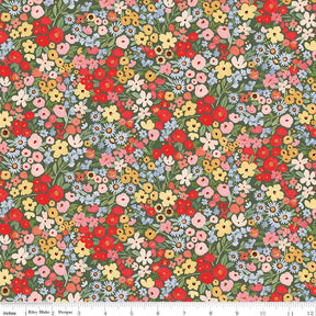 The image is a vibrant and colorful floral pattern composed of various types of flowers in different colors, including red, yellow, pink, blue, and green. The pattern appears to be a repeating design, creating a visually striking and lively visual effect.