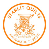a logo for a company called "Starlit Quilts" that specializes in handmade quilts. The logo includes a spool of thread, a needle, and some flowers, all set against a white background. The text surrounding the logo reads "Starlit Quilts" and "HANDMADE IS BEST!"