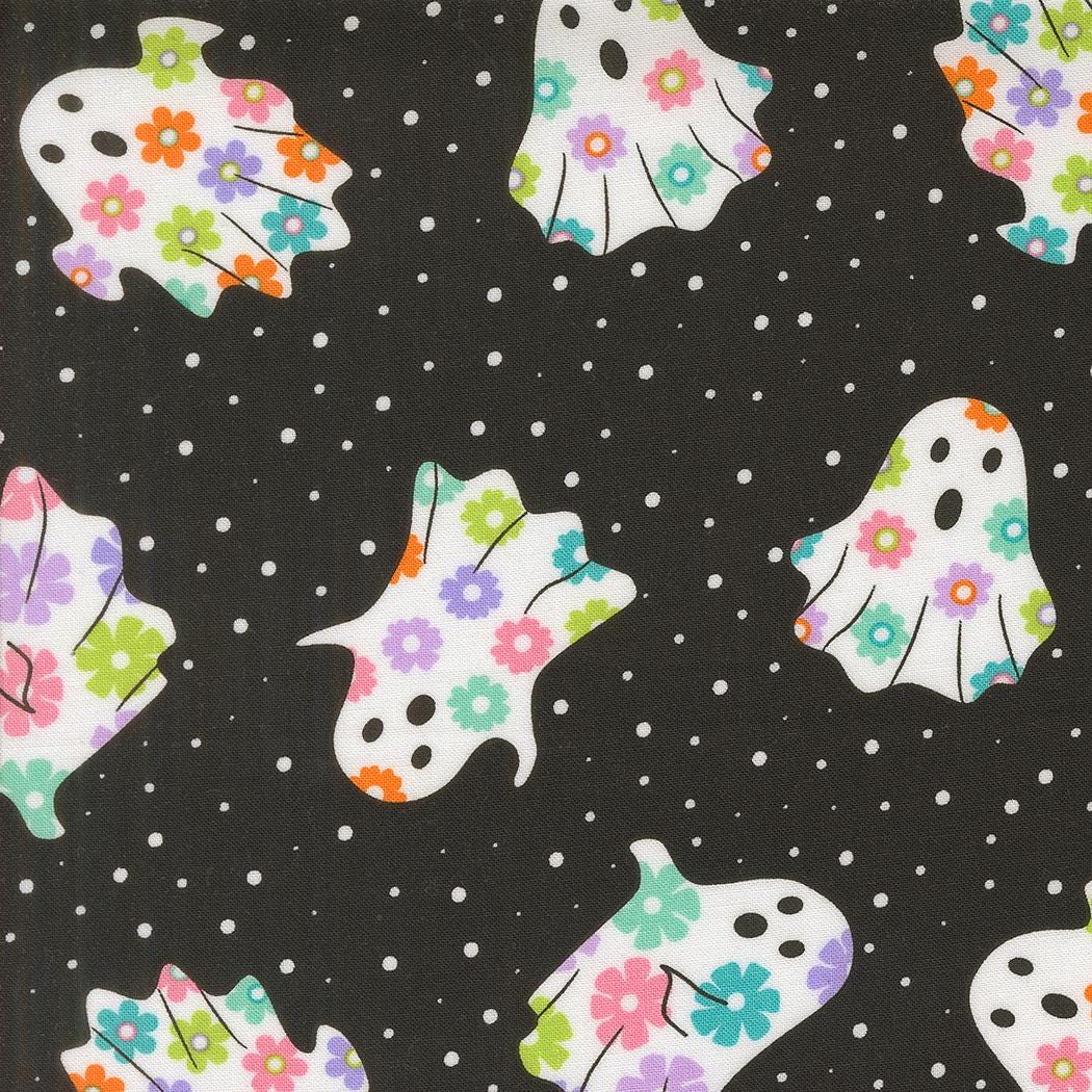 a pattern of colorful ghost-like figures against a dark background with white polka dots.