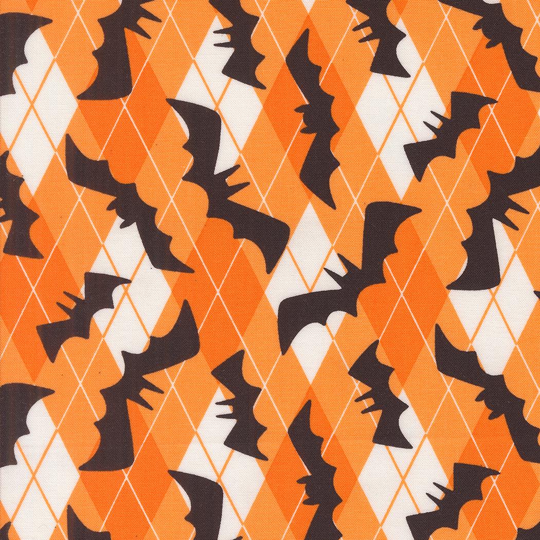 a repeating pattern of black bat silhouettes against an orange and white diamond-shaped background.