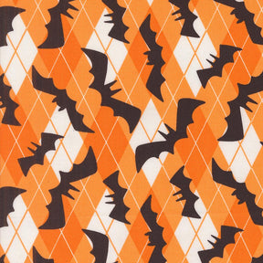 a repeating pattern of black bat silhouettes against an orange and white diamond-shaped background.