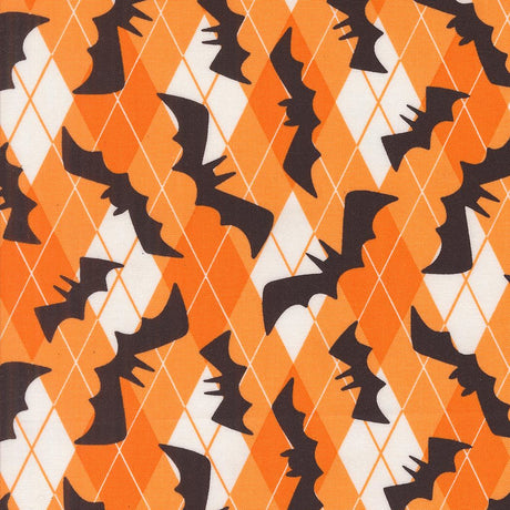 a repeating pattern of black bat silhouettes against an orange and white diamond-shaped background.