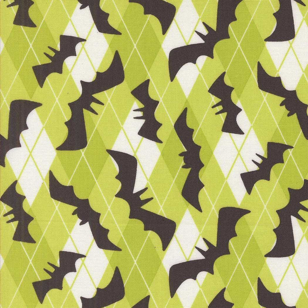 a repeating pattern of black bat silhouettes against a green and white geometric background.