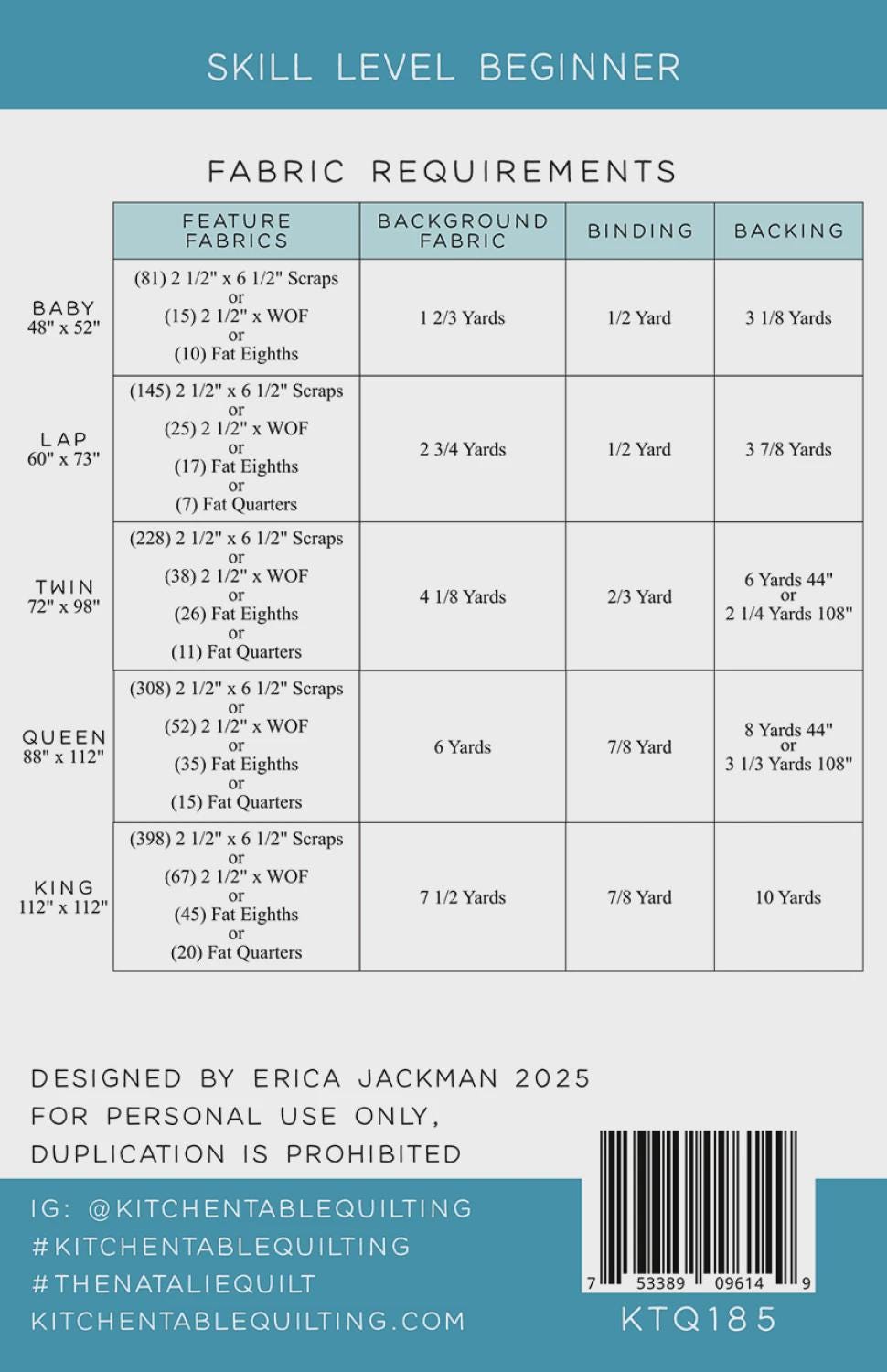 The Natalie Quilt Pattern KTQ185 by Kitchen Table Quilting (baby, lap, twin, queen and king sizes)