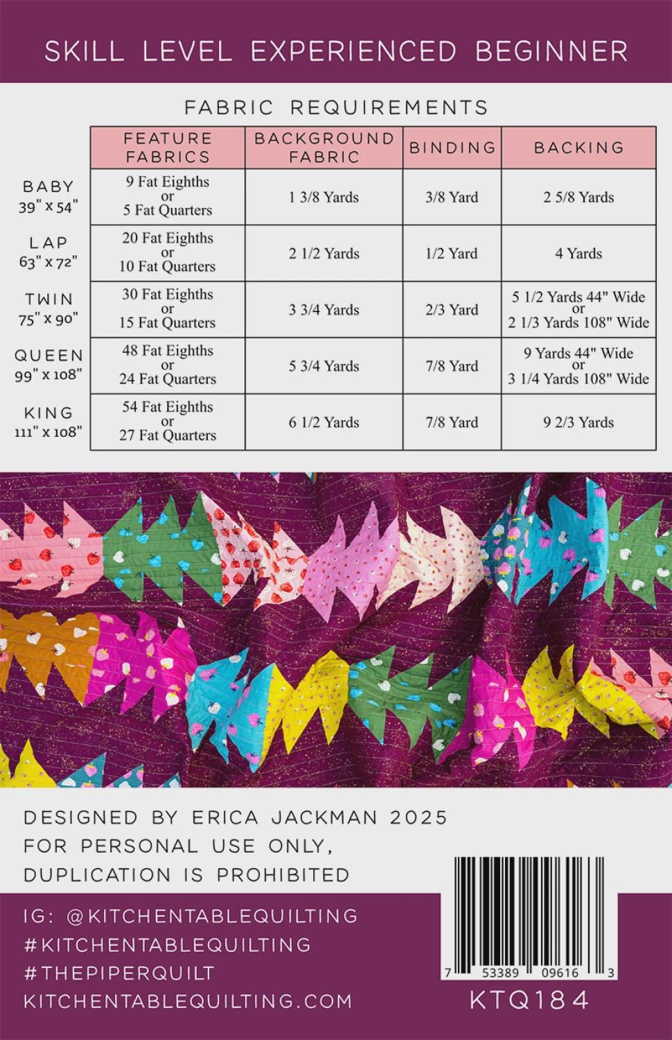 The Piper Quilt Pattern KTQ184 by Kitchen Table Quilting (baby, lap, twin, queen and king sizes)