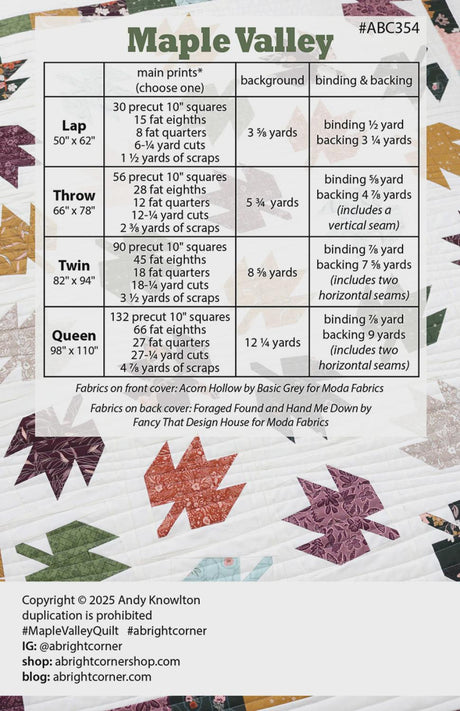 Maple Valley Quilt Pattern ABC354 Printed Pattern Only by A Bright Corner Quilts, Lap, Throw, Twin and Queen Quilt Sizes