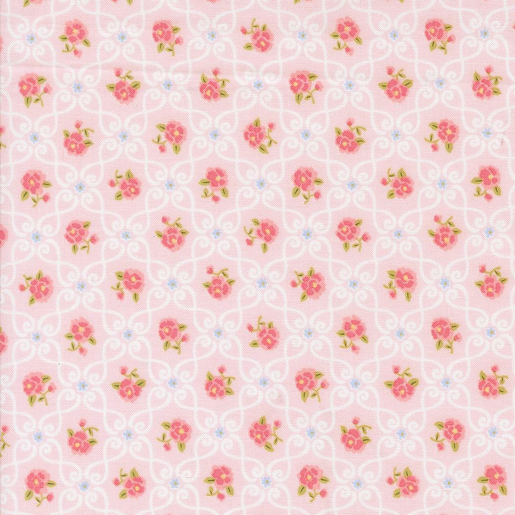 a repeating pattern of pink flowers with green leaves on a light pink background.