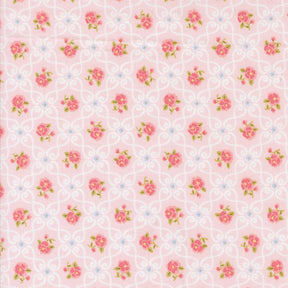 a repeating pattern of pink flowers with green leaves on a light pink background.