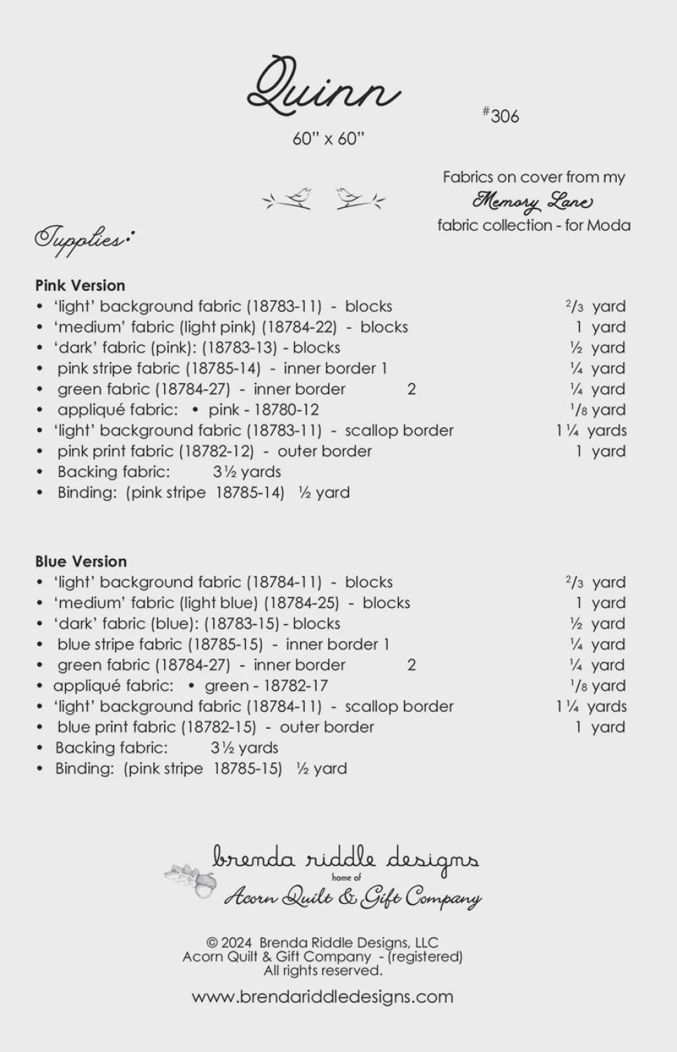 Quinn Quilt Pattern Paper Only AQ 306 by Brenda Riddle Designs for Acorn Quilts