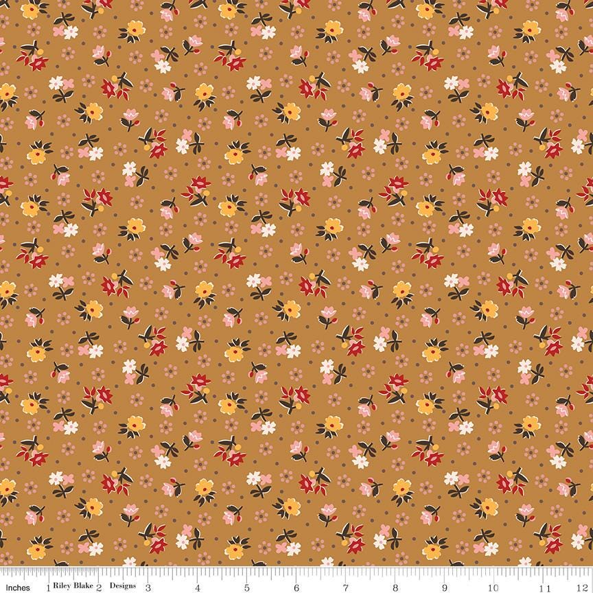 a repeating pattern of small flowers in various colors, including red, yellow, and white, against a brown background.