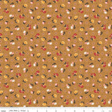 a repeating pattern of small flowers in various colors, including red, yellow, and white, against a brown background.