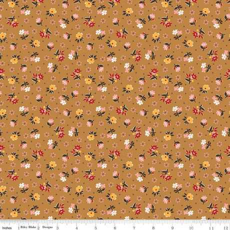 a repeating pattern of small flowers in various colors, including red, yellow, and white, against a brown background.