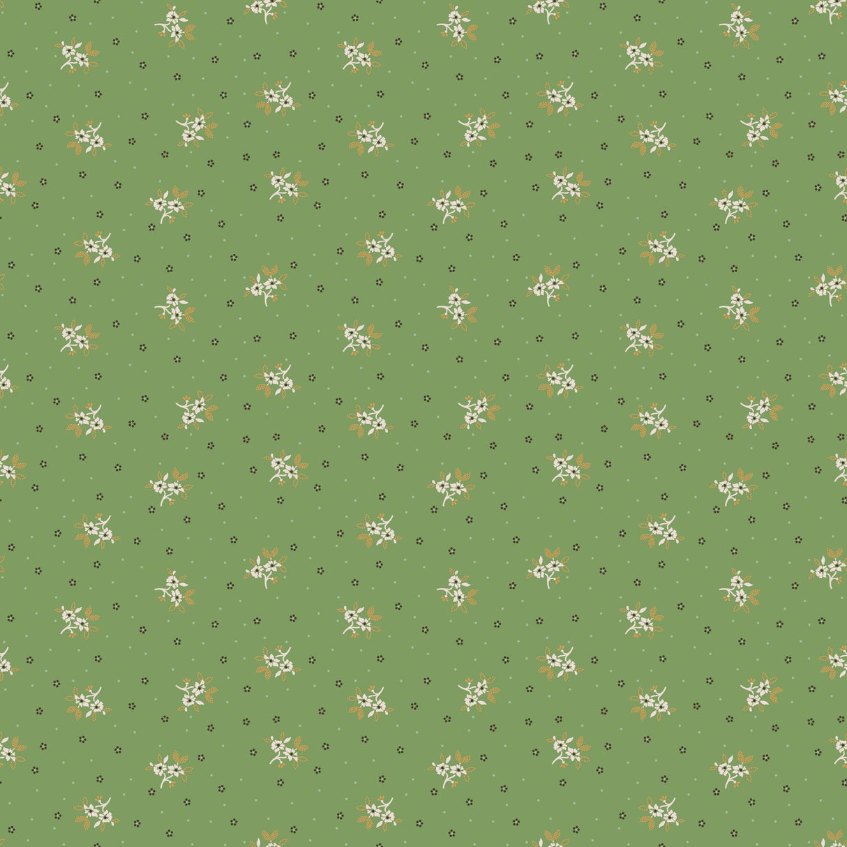a repeating pattern of small white flowers against a green background.