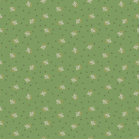 a repeating pattern of small white flowers against a green background.