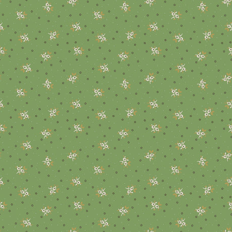 a repeating pattern of small white flowers against a green background.