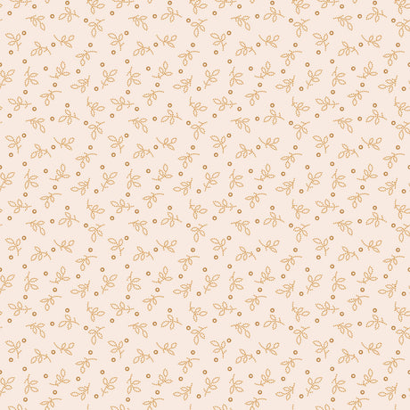 a repeating pattern of small orange leaves and dots on a light beige background.
