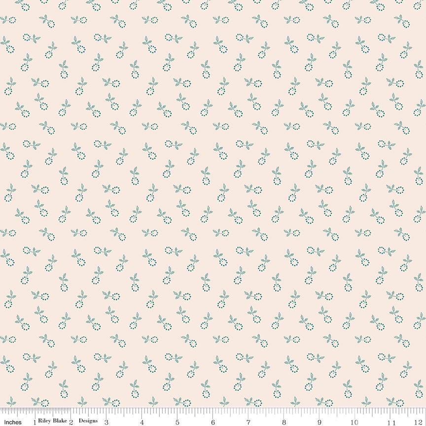 a repeating pattern of small green flowers or leaves on a light pink background.