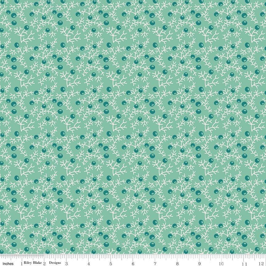 The image is a repeating pattern of small white branches with small green berries or leaves on a light green background.