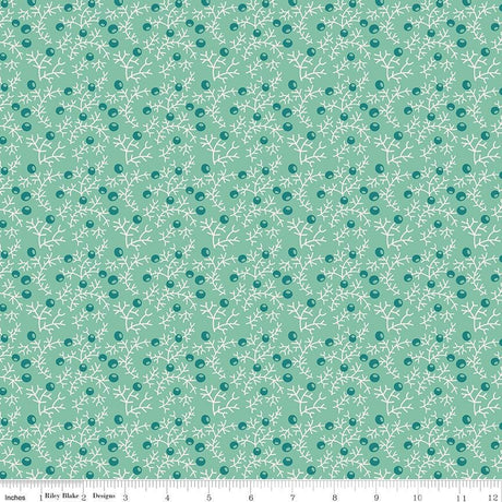 The image is a repeating pattern of small white branches with small green berries or leaves on a light green background.