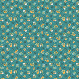a repeating pattern of small yellow flowers and leaves against a teal background.