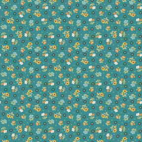 a repeating pattern of small yellow flowers and leaves against a teal background.