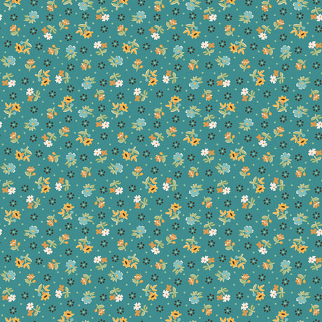 a repeating pattern of small yellow flowers and leaves against a teal background.