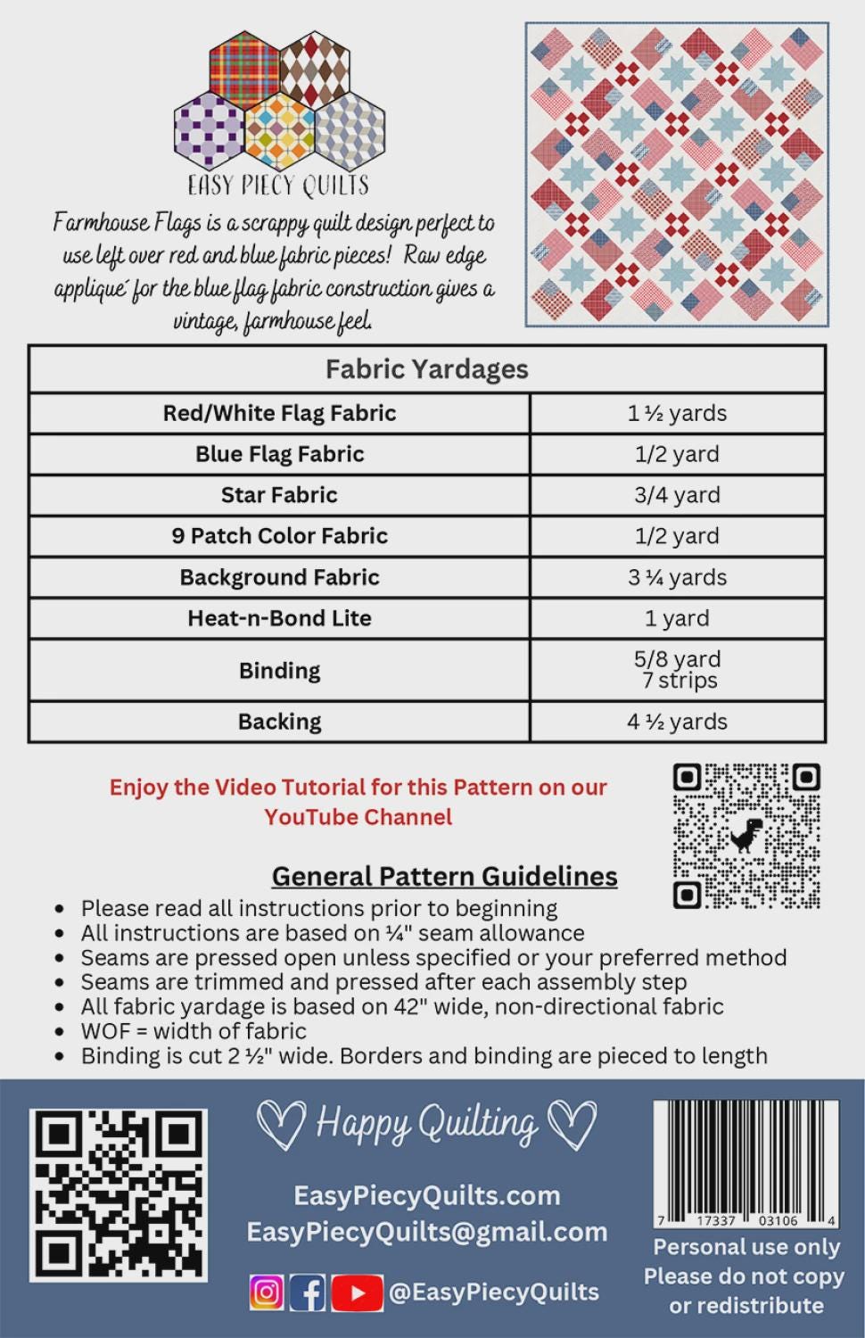 Farmhouse Flags Printed Quilt Pattern By Easy Piecy Quilts EPQ134, 68" x 68"