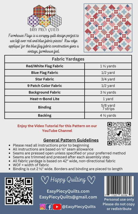 Farmhouse Flags Printed Quilt Pattern By Easy Piecy Quilts EPQ134, 68" x 68"