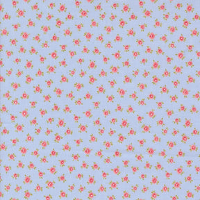 a pattern of small pink flowers on a light blue background.