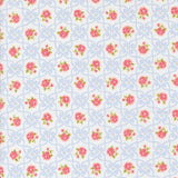 a repeating pattern of pink flowers on a light blue background with a white border.