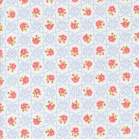 a repeating pattern of pink flowers on a light blue background with a white border.