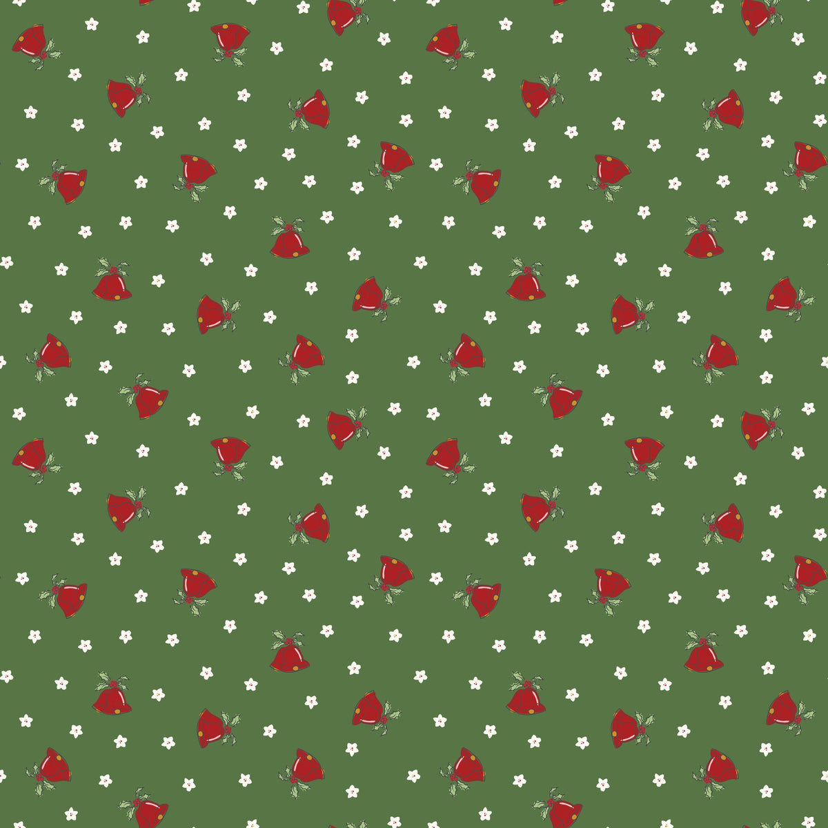 a repeating pattern of red bells and white stars on a green background.
