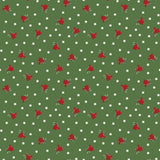 a repeating pattern of red bells and white stars on a green background.
