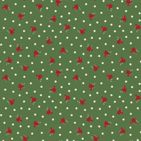 a repeating pattern of red bells and white stars on a green background.
