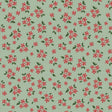 a repeating pattern of red flowers and green leaves on a light green background.