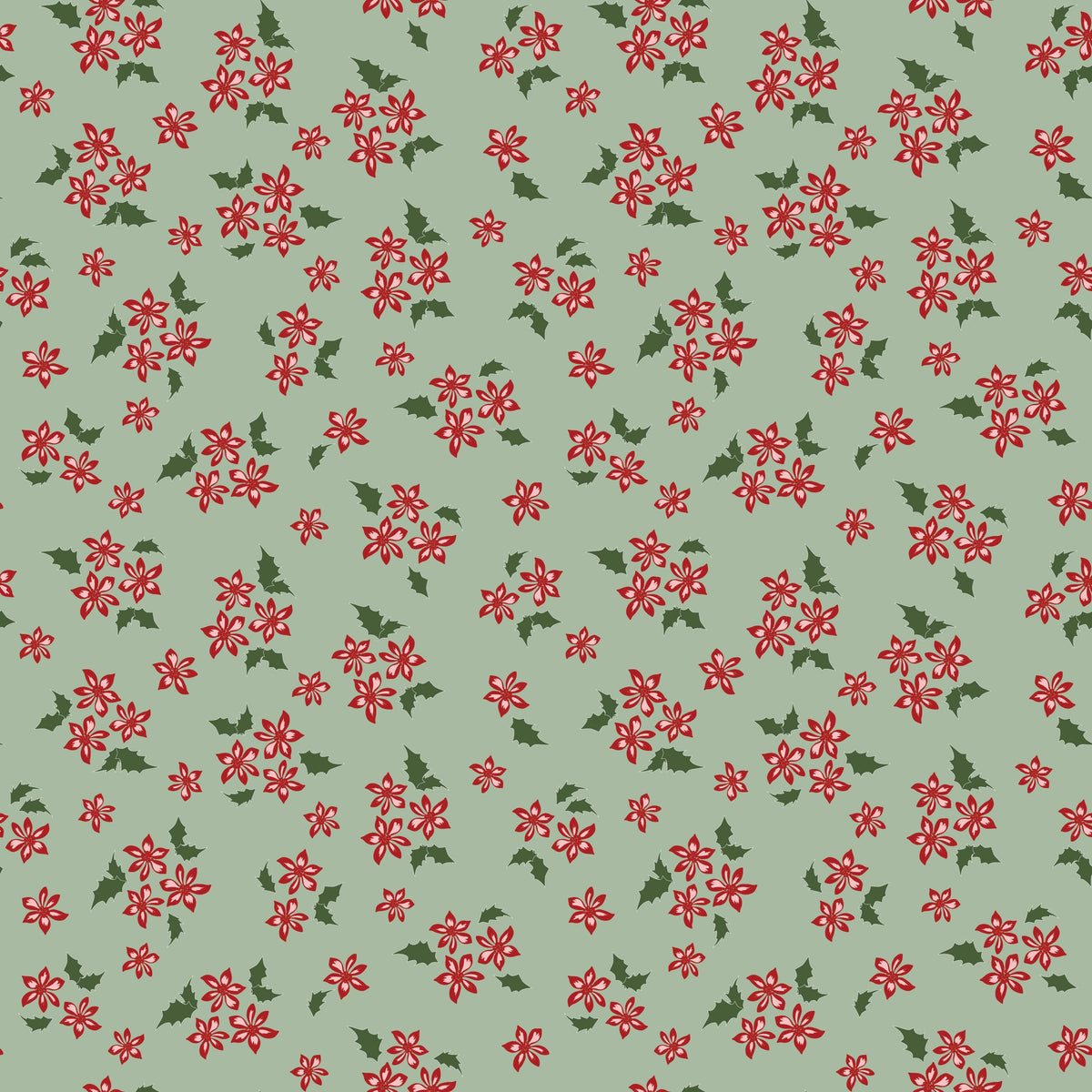 a repeating pattern of red flowers and green leaves on a light green background.